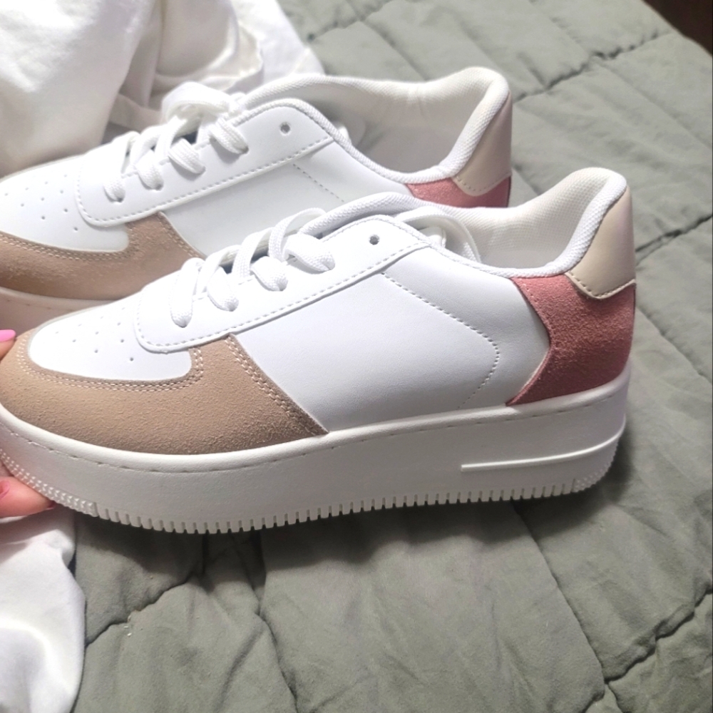 Stylish Women's Sneakers in White, Pink, and Tan